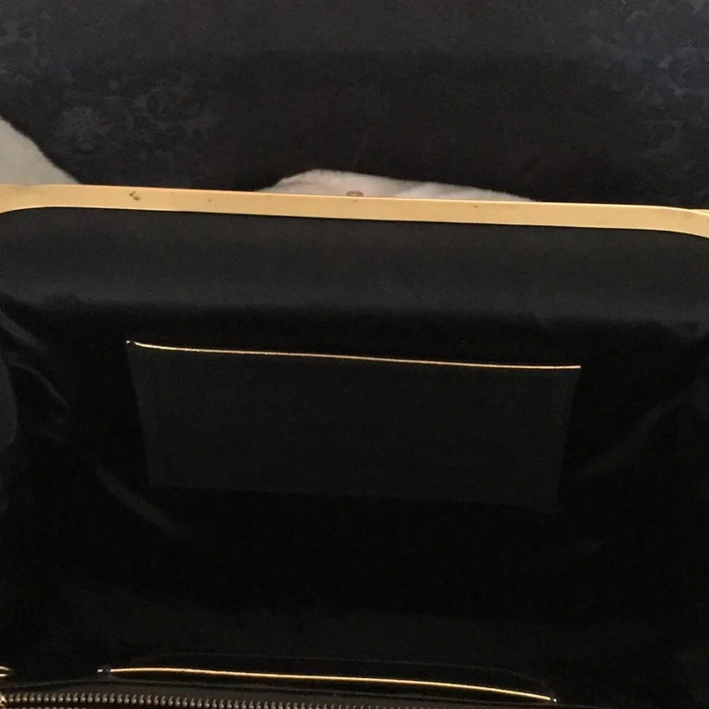 Classic Black Velvet Evening handbag with Gold Accent with fabric lining.